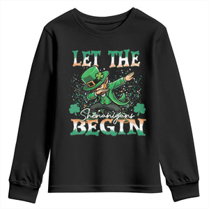 Funny Let The Shenanigans Begin Youth Sweatshirt Dabbing Leprechaun St Patrick's Day TS11 Black Print Your Wear