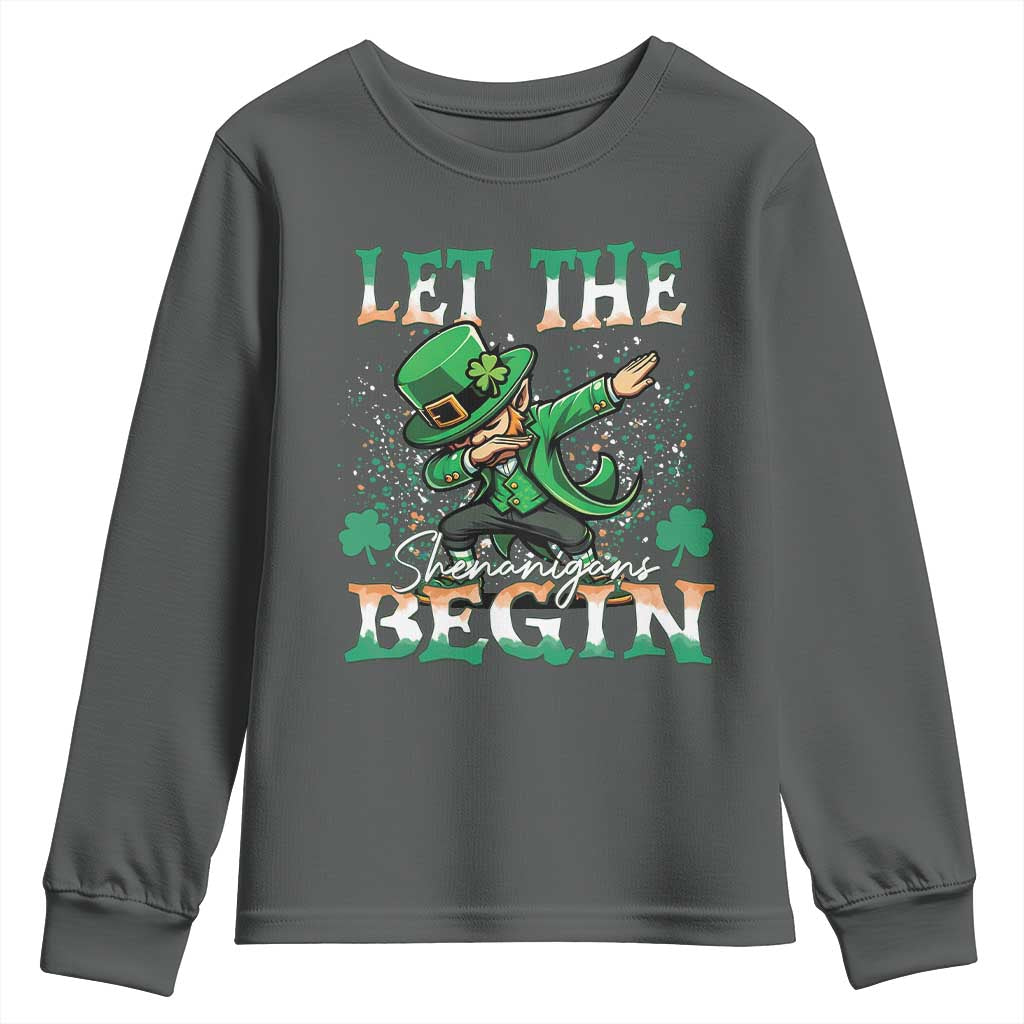 Funny Let The Shenanigans Begin Youth Sweatshirt Dabbing Leprechaun St Patrick's Day TS11 Dark Heather Print Your Wear