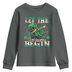 Funny Let The Shenanigans Begin Youth Sweatshirt Dabbing Leprechaun St Patrick's Day TS11 Dark Heather Print Your Wear