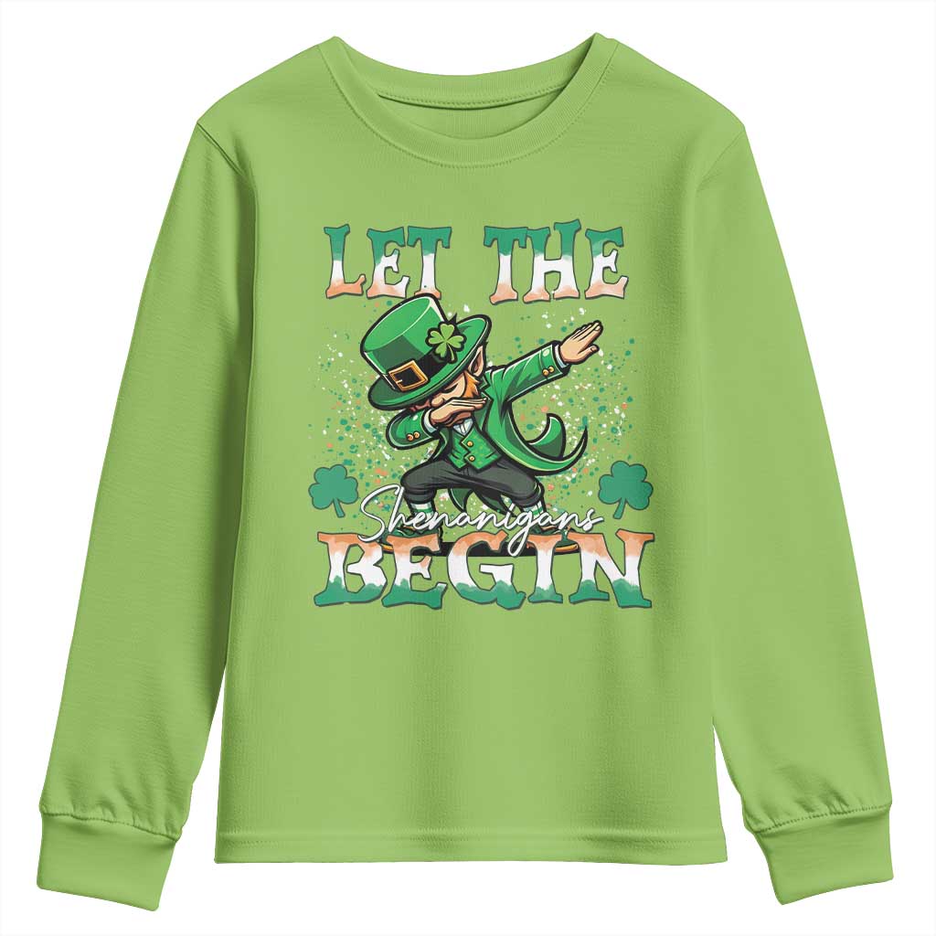 Funny Let The Shenanigans Begin Youth Sweatshirt Dabbing Leprechaun St Patrick's Day TS11 Lime Print Your Wear