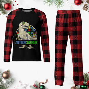 Funny Autism Awareness Dinosaur Plaid Pajama Set Autismsaurus Puzzle Pieces TS11 Buffalo Plaid Print Your Wear
