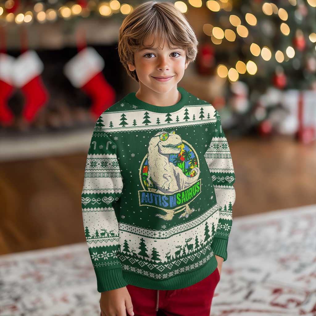 Funny Autism Awareness Dinosaur Ugly Christmas Sweater Autismsaurus Puzzle Pieces TS11 Forest Green Beige Print Your Wear