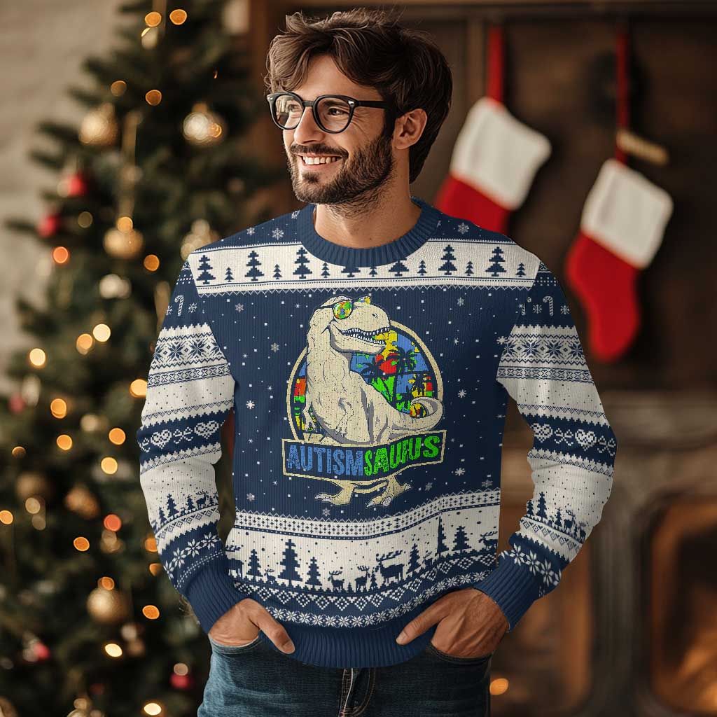 Funny Autism Awareness Dinosaur Ugly Christmas Sweater Autismsaurus Puzzle Pieces TS11 Navy Beige Print Your Wear