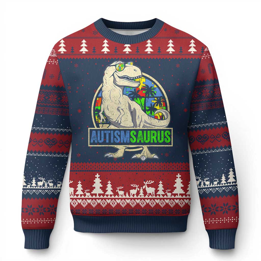 Funny Autism Awareness Dinosaur Ugly Christmas Sweater Autismsaurus Puzzle Pieces TS11 Navy Red Print Your Wear
