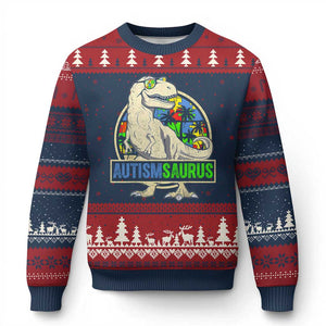 Funny Autism Awareness Dinosaur Ugly Christmas Sweater Autismsaurus Puzzle Pieces TS11 Navy Red Print Your Wear