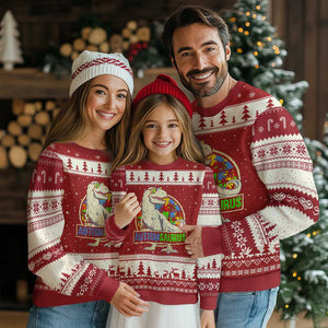 Funny Autism Awareness Dinosaur Ugly Christmas Sweater Autismsaurus Puzzle Pieces TS11 Red Beige Print Your Wear