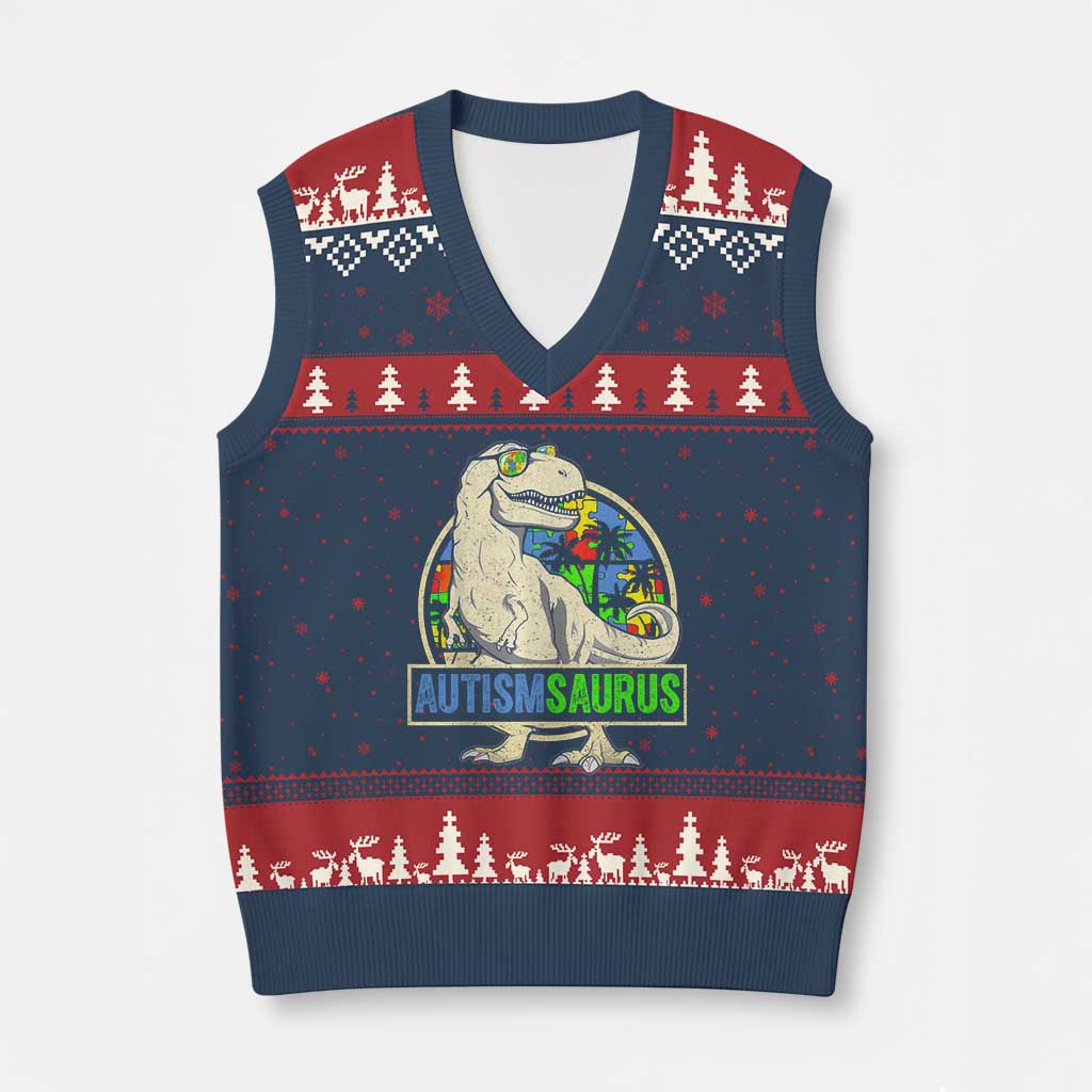 Funny Autism Awareness Dinosaur V-Neck Knit Sweater Vest Autismsaurus Puzzle Pieces TS11 Navy Red Print Your Wear