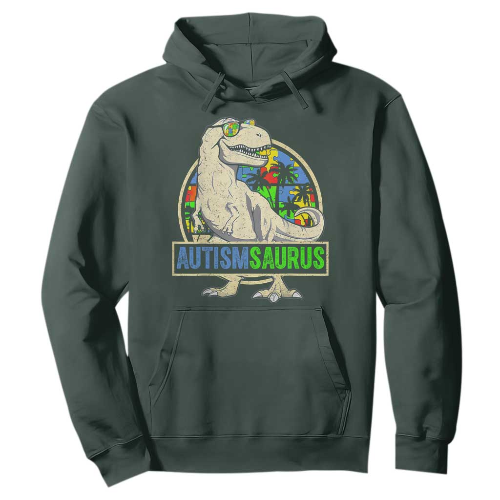 Funny Autism Awareness Dinosaur Hoodie Autismsaurus Puzzle Pieces TS11 Dark Forest Green Print Your Wear