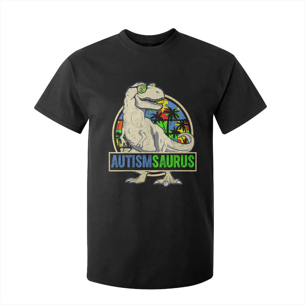 Funny Autism Awareness Dinosaur T Shirt For Kid Autismsaurus Puzzle Pieces TS11 Black Print Your Wear
