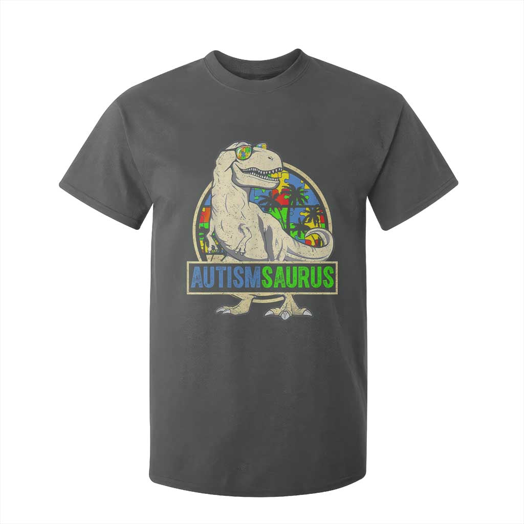 Funny Autism Awareness Dinosaur T Shirt For Kid Autismsaurus Puzzle Pieces TS11 Dark Heather Print Your Wear