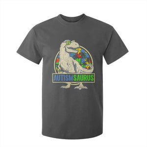 Funny Autism Awareness Dinosaur T Shirt For Kid Autismsaurus Puzzle Pieces TS11 Dark Heather Print Your Wear
