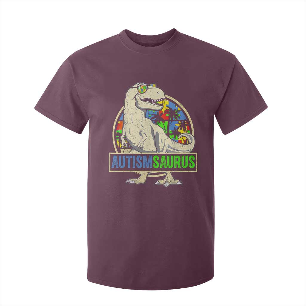 Funny Autism Awareness Dinosaur T Shirt For Kid Autismsaurus Puzzle Pieces TS11 Maroon Print Your Wear