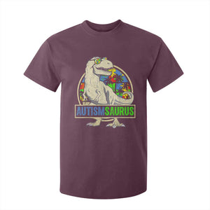 Funny Autism Awareness Dinosaur T Shirt For Kid Autismsaurus Puzzle Pieces TS11 Maroon Print Your Wear