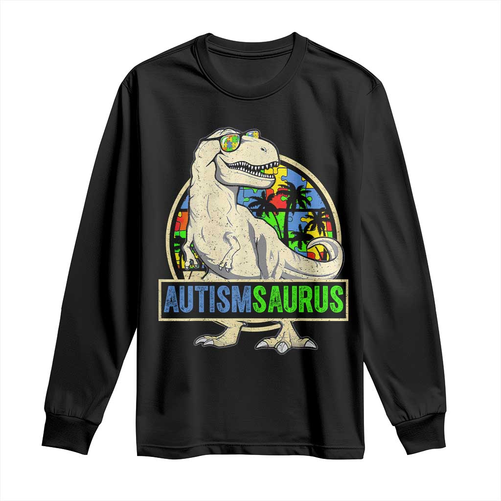 Funny Autism Awareness Dinosaur Long Sleeve Shirt Autismsaurus Puzzle Pieces TS11 Black Print Your Wear