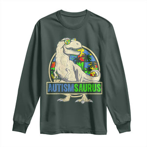 Funny Autism Awareness Dinosaur Long Sleeve Shirt Autismsaurus Puzzle Pieces TS11 Dark Forest Green Print Your Wear