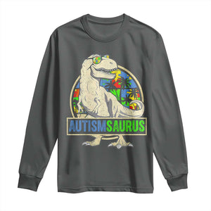 Funny Autism Awareness Dinosaur Long Sleeve Shirt Autismsaurus Puzzle Pieces TS11 Dark Heather Print Your Wear