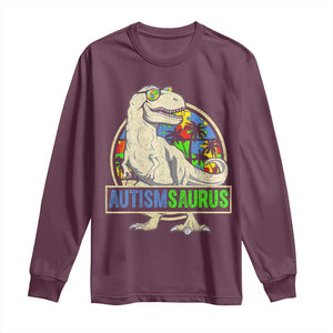 Funny Autism Awareness Dinosaur Long Sleeve Shirt Autismsaurus Puzzle Pieces TS11 Maroon Print Your Wear