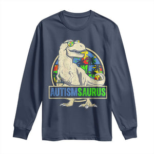 Funny Autism Awareness Dinosaur Long Sleeve Shirt Autismsaurus Puzzle Pieces TS11 Navy Print Your Wear