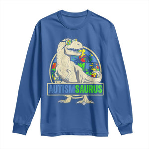 Funny Autism Awareness Dinosaur Long Sleeve Shirt Autismsaurus Puzzle Pieces TS11 Royal Blue Print Your Wear