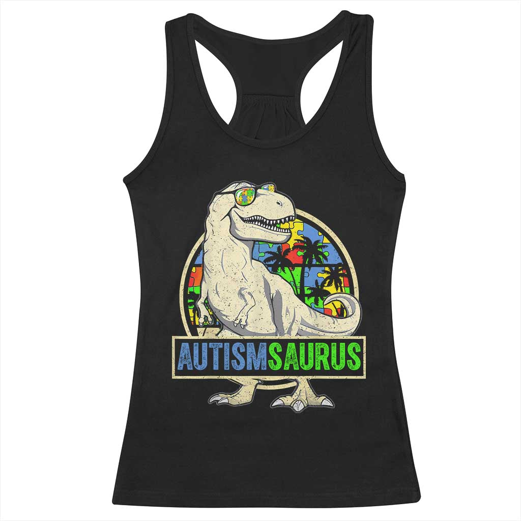 Funny Autism Awareness Dinosaur Racerback Tank Top Autismsaurus Puzzle Pieces TS11 Black Print Your Wear
