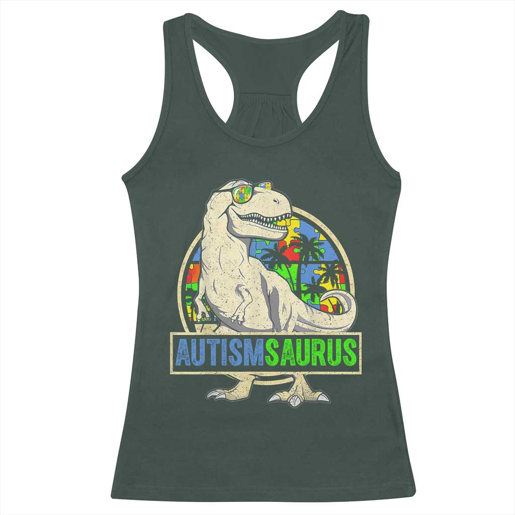 Funny Autism Awareness Dinosaur Racerback Tank Top Autismsaurus Puzzle Pieces TS11 Dark Forest Green Print Your Wear