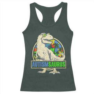 Funny Autism Awareness Dinosaur Racerback Tank Top Autismsaurus Puzzle Pieces TS11 Dark Forest Green Print Your Wear