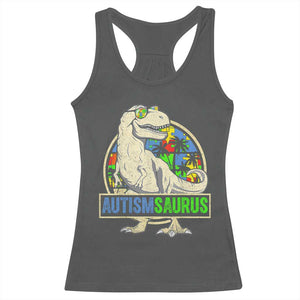 Funny Autism Awareness Dinosaur Racerback Tank Top Autismsaurus Puzzle Pieces TS11 Dark Heather Print Your Wear