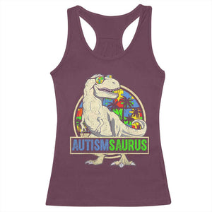 Funny Autism Awareness Dinosaur Racerback Tank Top Autismsaurus Puzzle Pieces TS11 Maroon Print Your Wear
