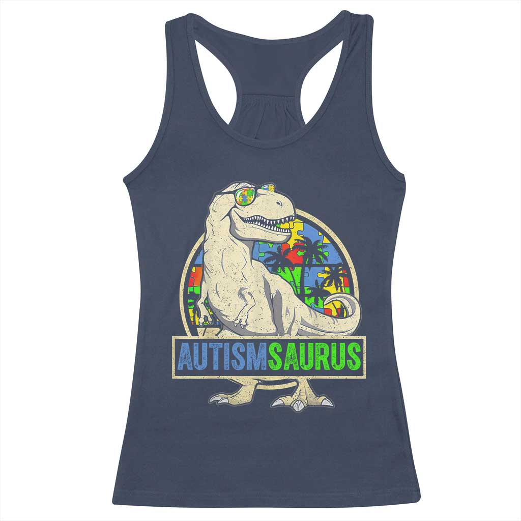 Funny Autism Awareness Dinosaur Racerback Tank Top Autismsaurus Puzzle Pieces TS11 Navy Print Your Wear