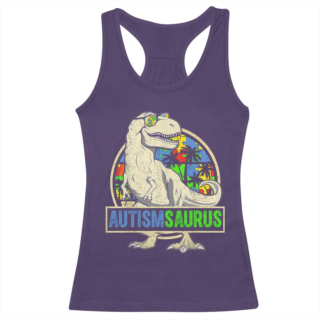 Funny Autism Awareness Dinosaur Racerback Tank Top Autismsaurus Puzzle Pieces TS11 Purple Print Your Wear