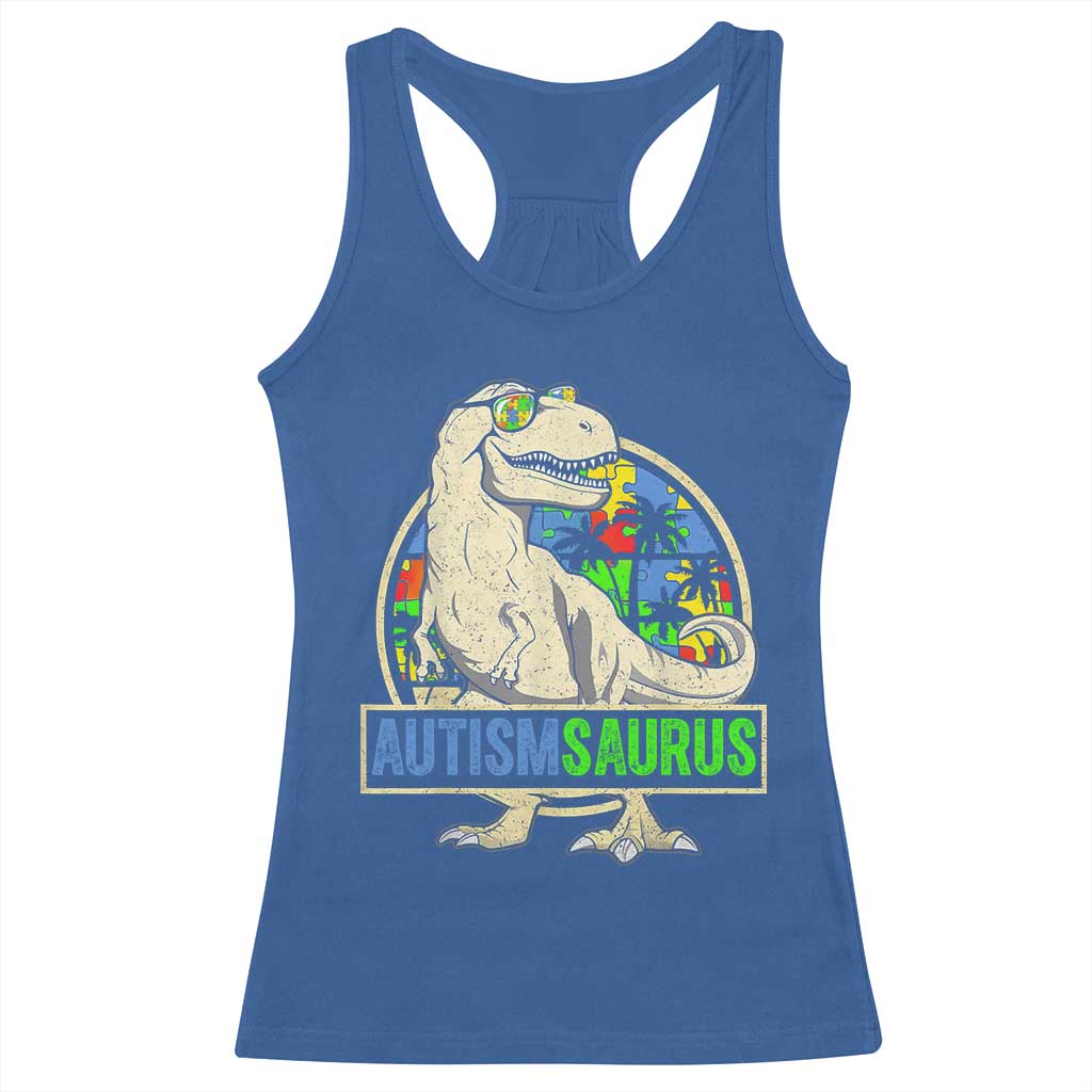 Funny Autism Awareness Dinosaur Racerback Tank Top Autismsaurus Puzzle Pieces TS11 Royal Blue Print Your Wear
