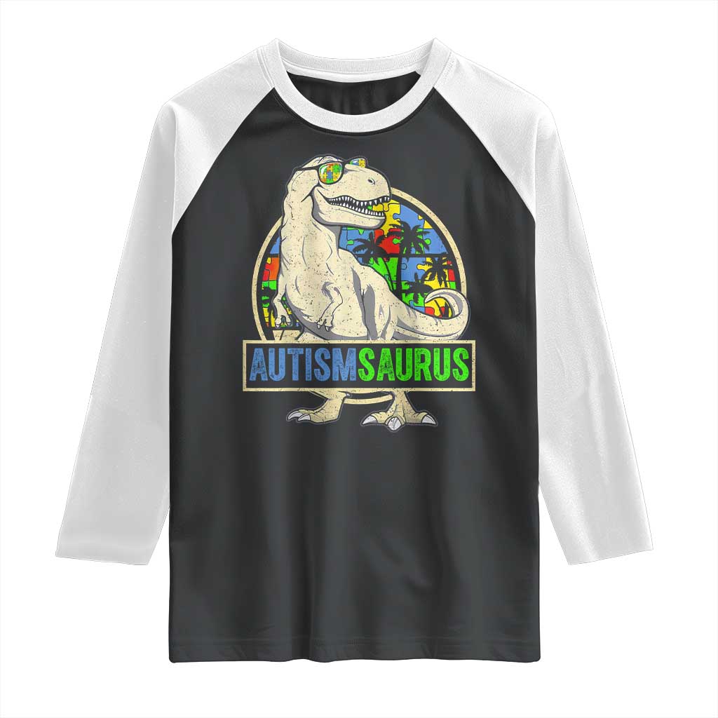 Funny Autism Awareness Dinosaur Raglan Shirt Autismsaurus Puzzle Pieces TS11 Black White Print Your Wear