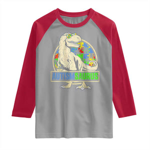 Funny Autism Awareness Dinosaur Raglan Shirt Autismsaurus Puzzle Pieces TS11 Sport Gray Red Print Your Wear