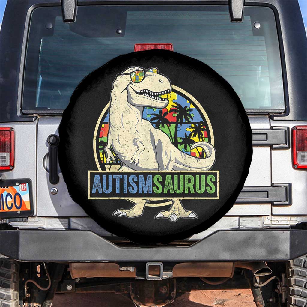 Funny Autism Awareness Dinosaur Spare Tire Cover Autismsaurus Puzzle Pieces TS11 No hole Black Print Your Wear