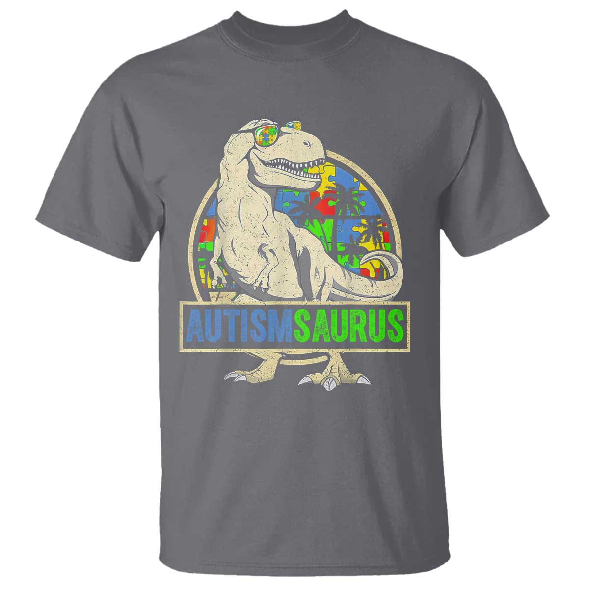 Funny Autism Awareness Dinosaur T Shirt Autismsaurus Puzzle Pieces TS11 Charcoal Print Your Wear