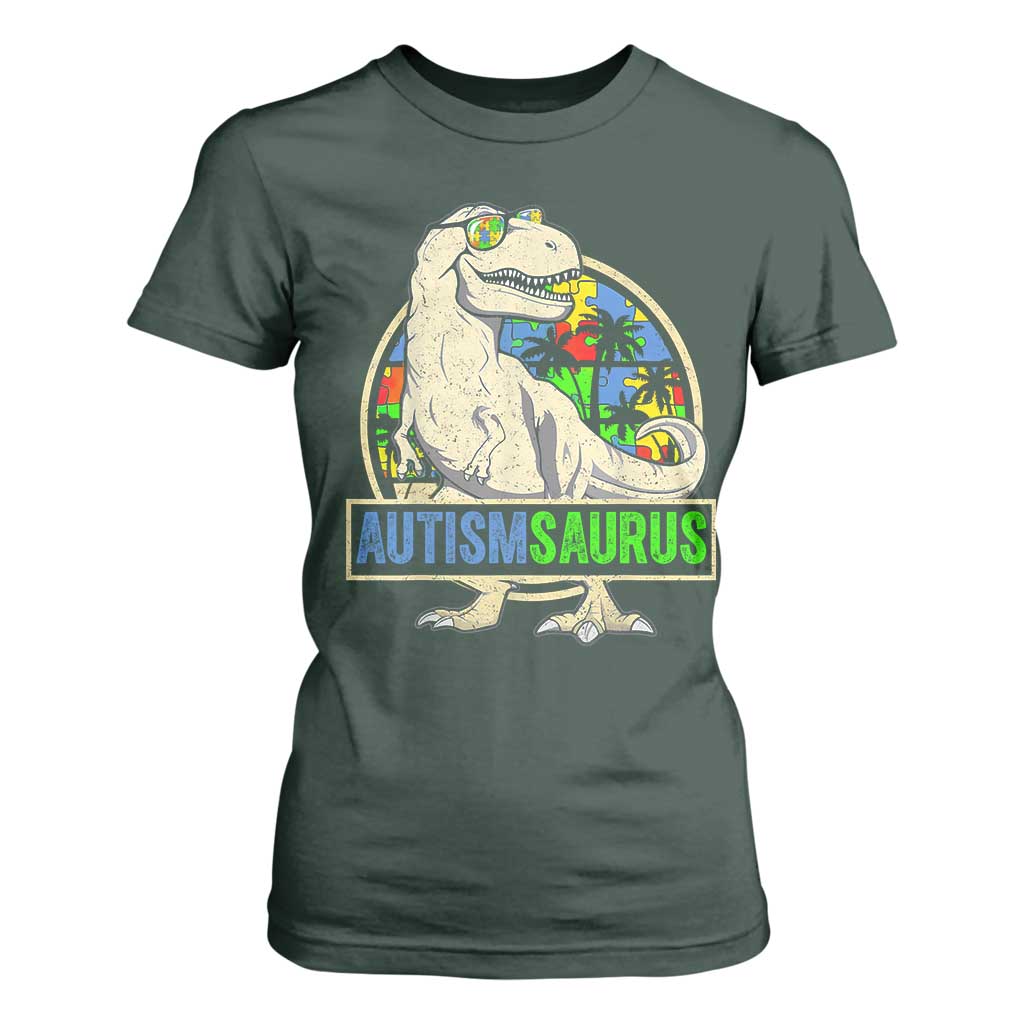 Funny Autism Awareness Dinosaur T Shirt For Women Autismsaurus Puzzle Pieces TS11 Dark Forest Green Print Your Wear