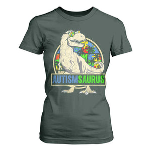 Funny Autism Awareness Dinosaur T Shirt For Women Autismsaurus Puzzle Pieces TS11 Dark Forest Green Print Your Wear