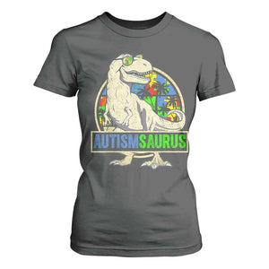 Funny Autism Awareness Dinosaur T Shirt For Women Autismsaurus Puzzle Pieces TS11 Dark Heather Print Your Wear