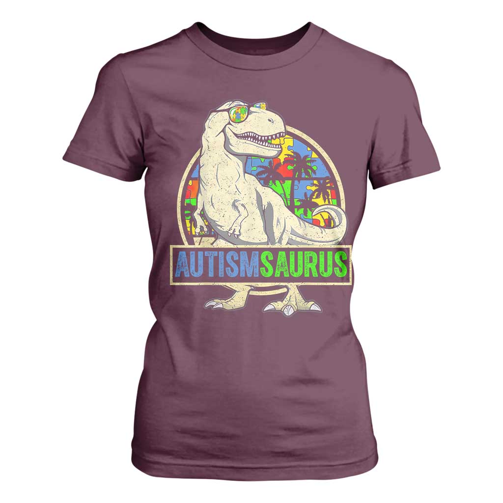 Funny Autism Awareness Dinosaur T Shirt For Women Autismsaurus Puzzle Pieces TS11 Maroon Print Your Wear