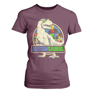 Funny Autism Awareness Dinosaur T Shirt For Women Autismsaurus Puzzle Pieces TS11 Maroon Print Your Wear