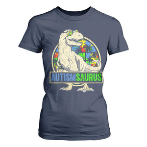 Funny Autism Awareness Dinosaur T Shirt For Women Autismsaurus Puzzle Pieces TS11 Navy Print Your Wear