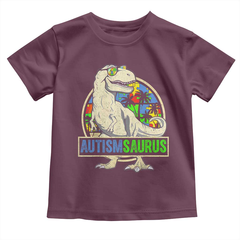 Funny Autism Awareness Dinosaur Toddler T Shirt Autismsaurus Puzzle Pieces TS11 Maroon Print Your Wear