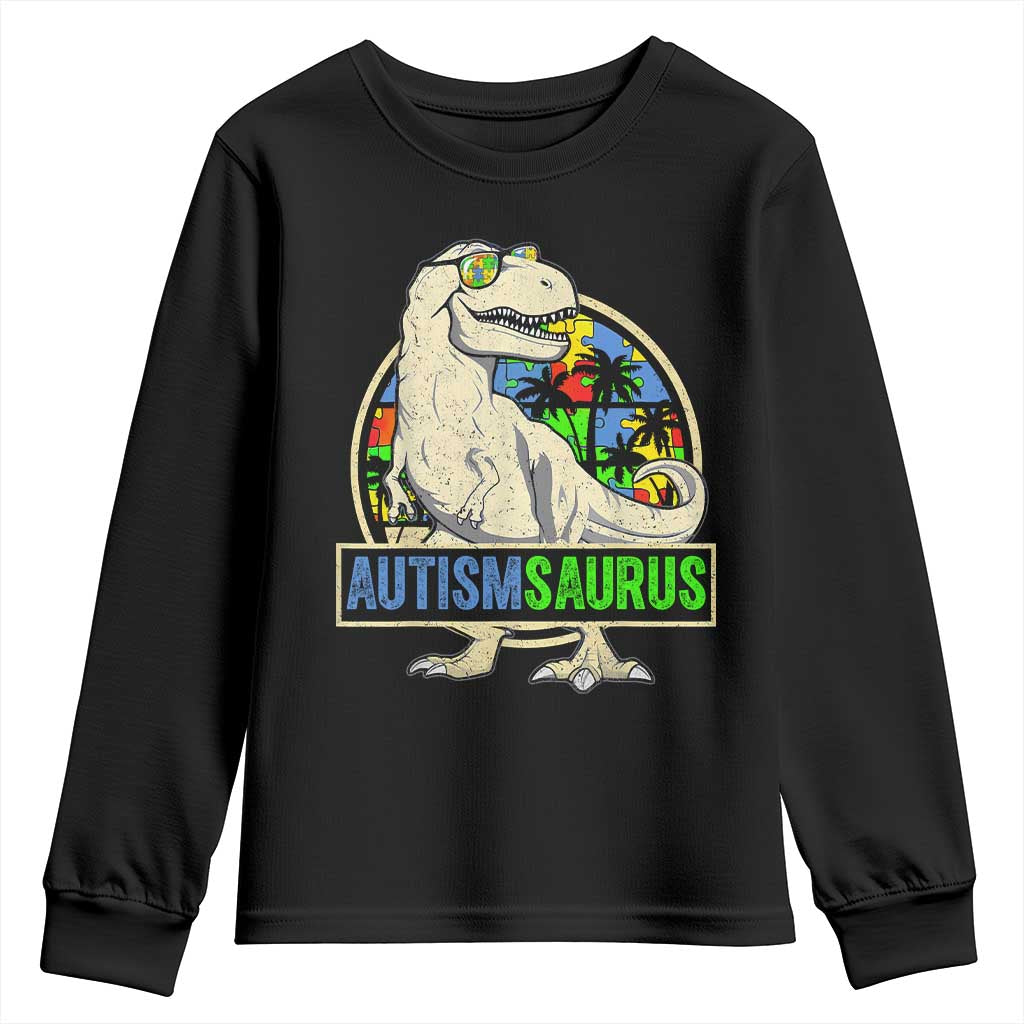 Funny Autism Awareness Dinosaur Youth Sweatshirt Autismsaurus Puzzle Pieces TS11 Black Print Your Wear
