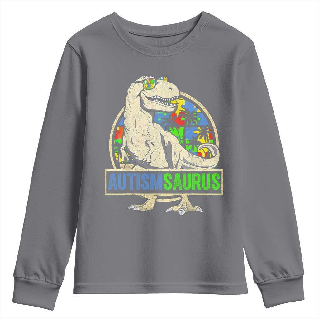 Funny Autism Awareness Dinosaur Youth Sweatshirt Autismsaurus Puzzle Pieces TS11 Charcoal Print Your Wear