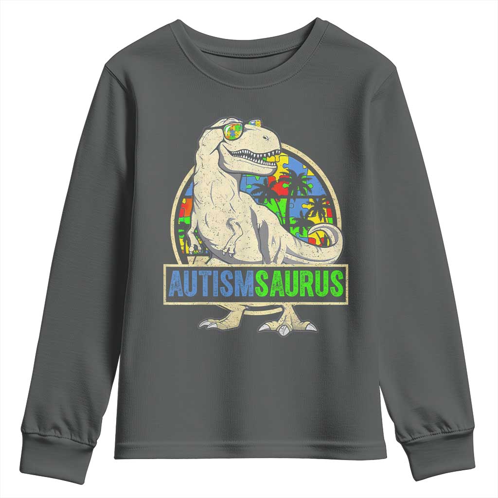 Funny Autism Awareness Dinosaur Youth Sweatshirt Autismsaurus Puzzle Pieces TS11 Dark Heather Print Your Wear