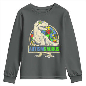Funny Autism Awareness Dinosaur Youth Sweatshirt Autismsaurus Puzzle Pieces TS11 Dark Heather Print Your Wear