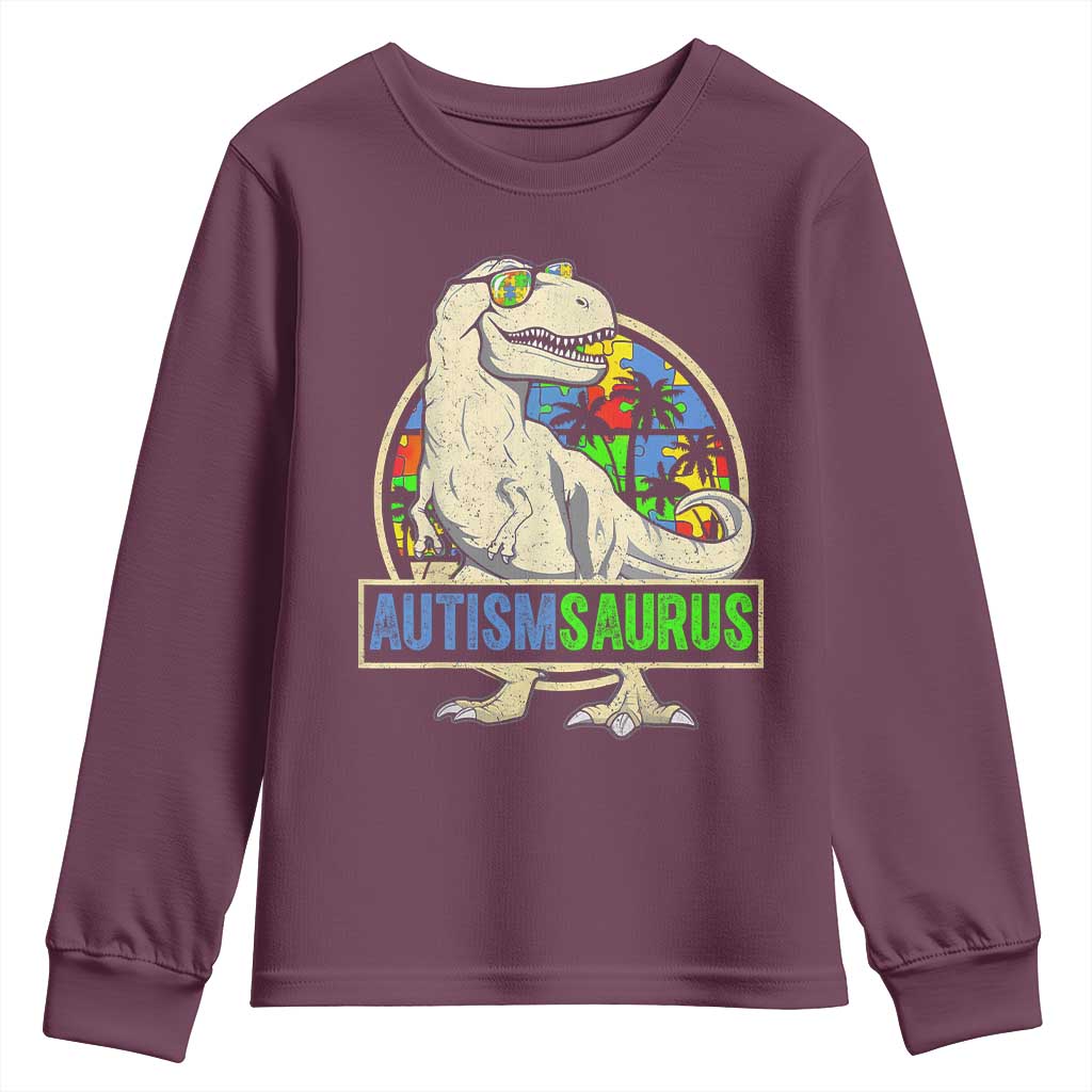 Funny Autism Awareness Dinosaur Youth Sweatshirt Autismsaurus Puzzle Pieces TS11 Maroon Print Your Wear