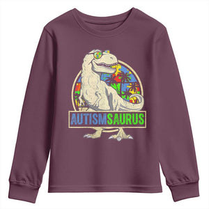 Funny Autism Awareness Dinosaur Youth Sweatshirt Autismsaurus Puzzle Pieces TS11 Maroon Print Your Wear