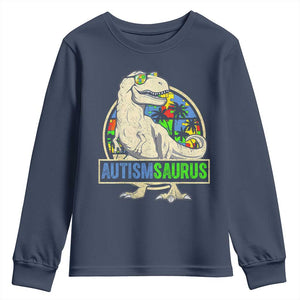 Funny Autism Awareness Dinosaur Youth Sweatshirt Autismsaurus Puzzle Pieces TS11 Navy Print Your Wear