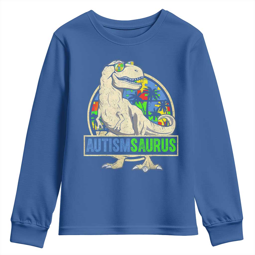 Funny Autism Awareness Dinosaur Youth Sweatshirt Autismsaurus Puzzle Pieces TS11 Royal Blue Print Your Wear